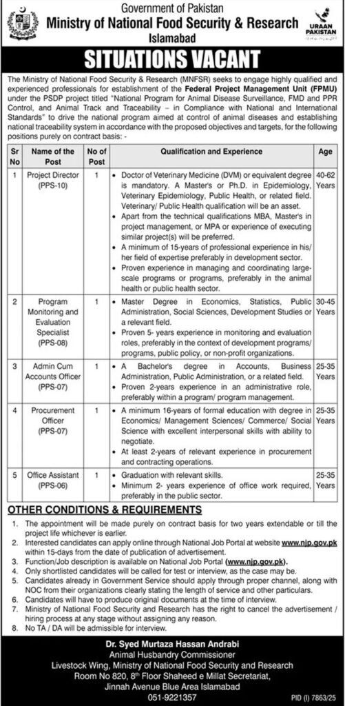 Ministry of National Food Security & Research Jobs Advertisement 2026