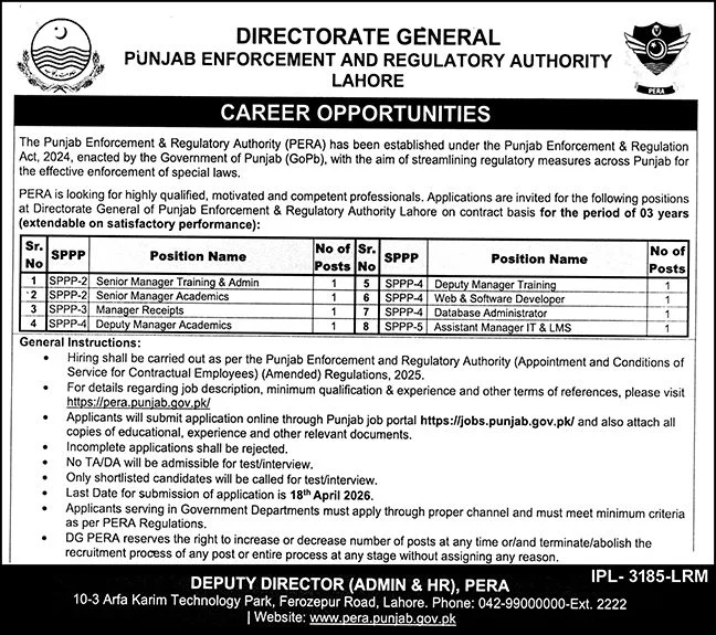 PERA Lahore careers 2026 government jobs in Punjab for managers and software developers