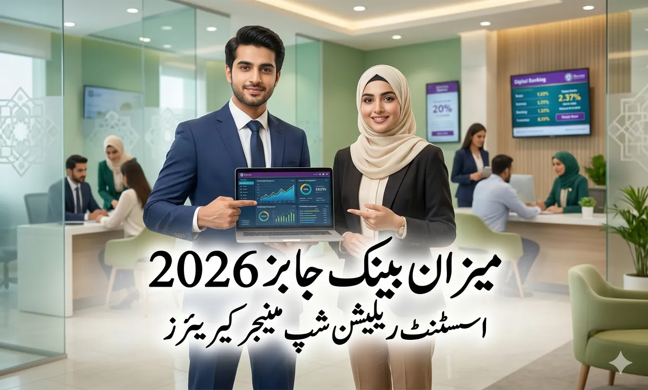 Meezan Bank Assistant Relationship Manager Jobs 2026 featured image showing young Pakistani bankers in modern Islamic bank