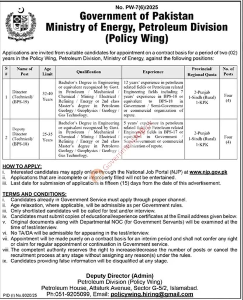 Ministry of Energy Petroleum Division Jobs 2026 Islamabad for director and deputy director technical roles