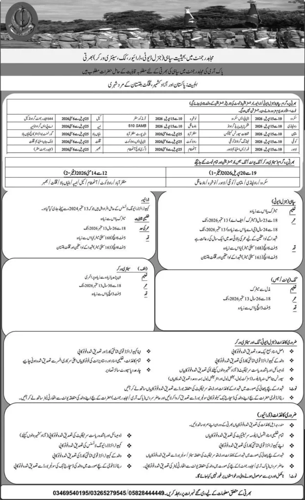 Mujahid Force Regiment 2026 vacancies GD soldier clerk driver Pakistan Army apply