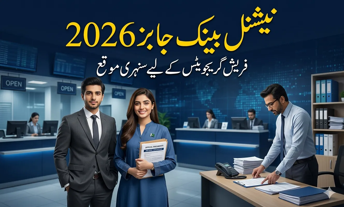 Young Pakistani graduates applying for jobs at National Bank in a modern banking environment