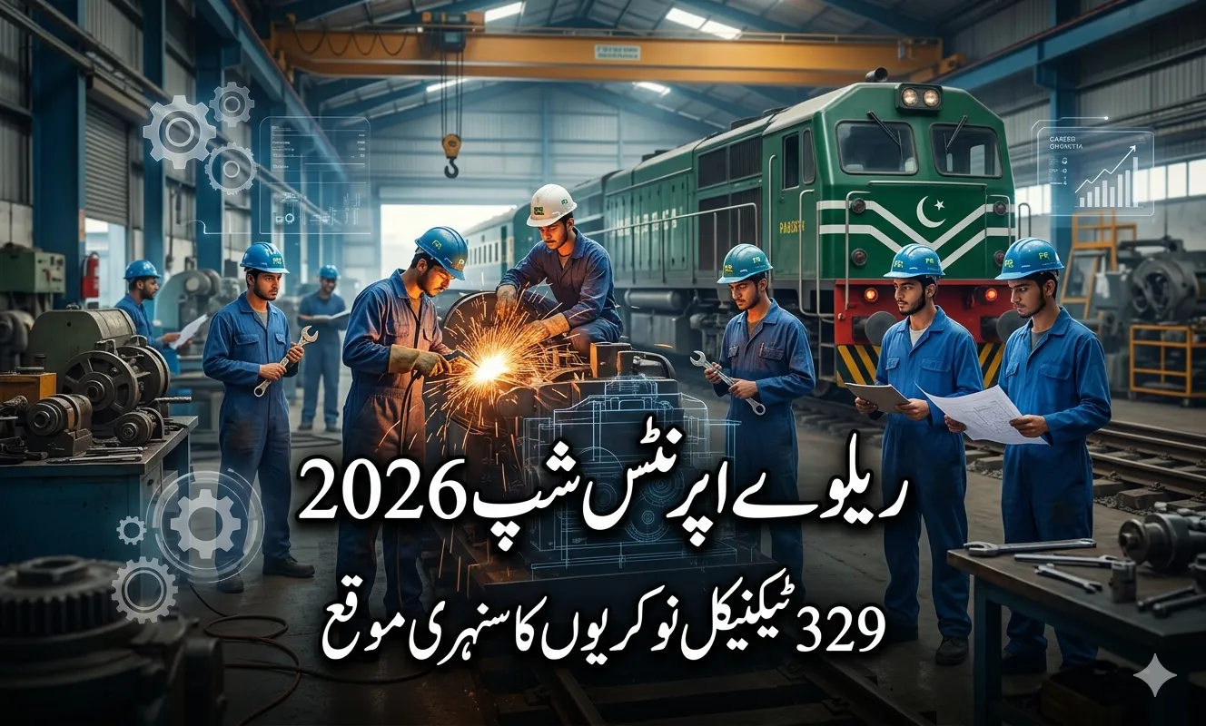 Pakistan Railways Apprenticeship 2026 jobs showing technical students working on train engine in workshop